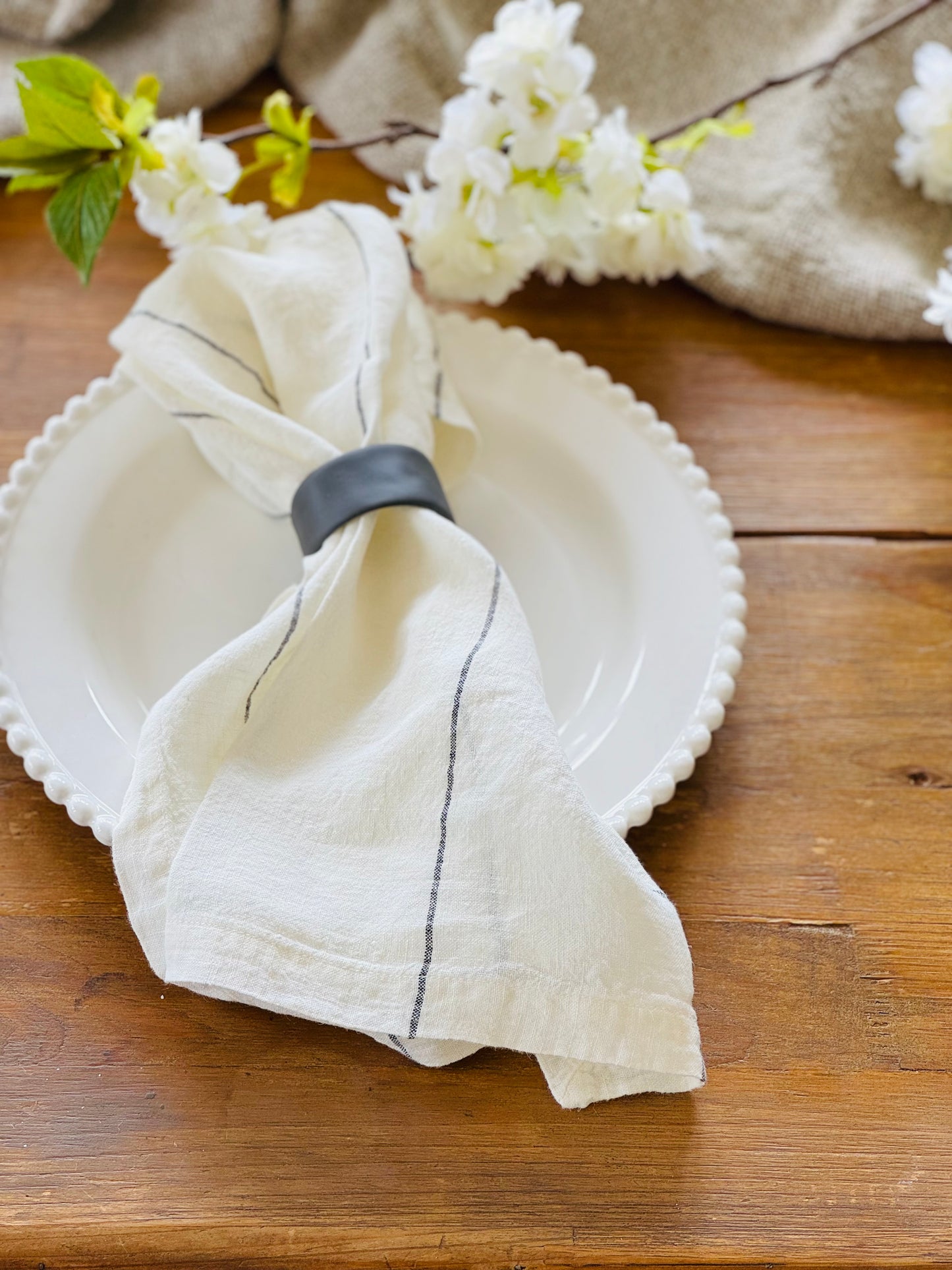 French Linen Carter Napkin - Set of 4 White with Black Stripe