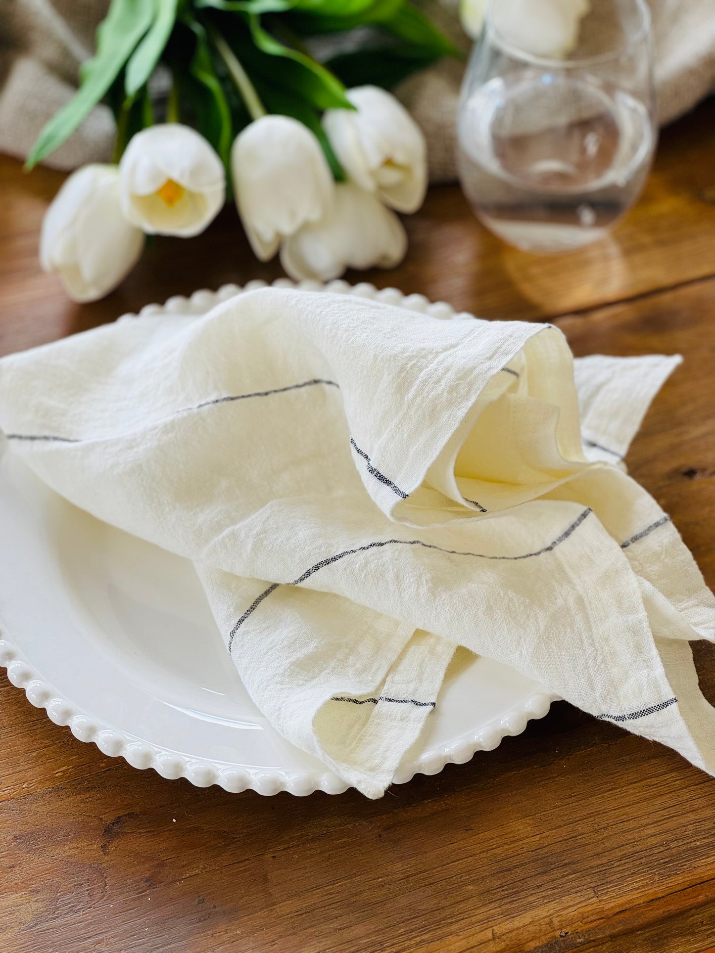 French Linen Carter Napkin - Set of 4 White with Black Stripe